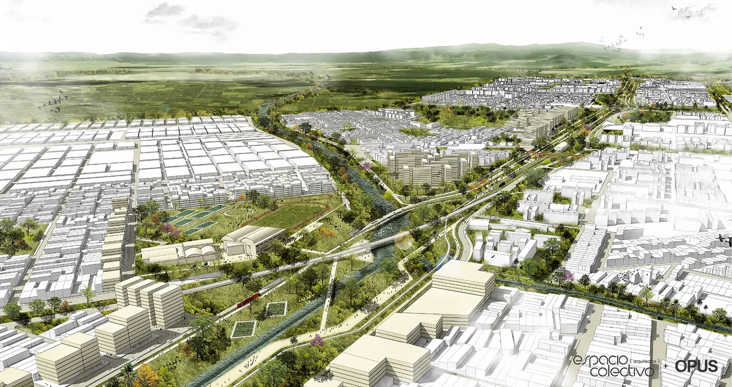 Vista aérea del Corredor Verde de Cali — Espacio Colectivo Arquitectos + OPUS