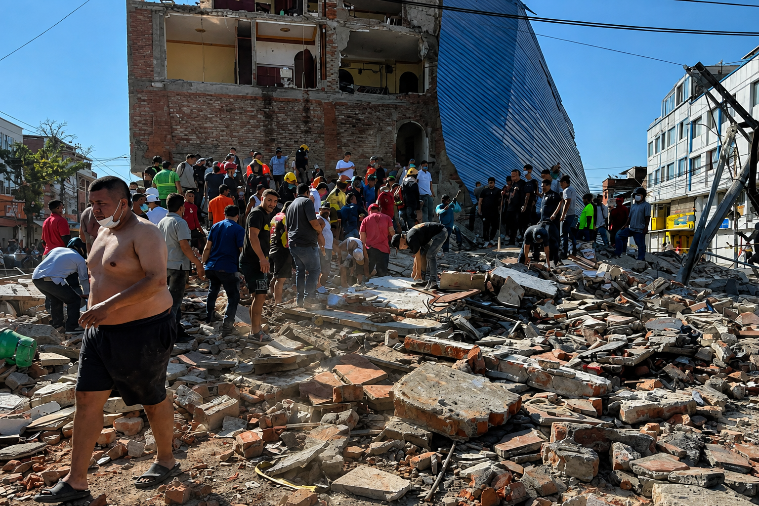 Vecinos y equipos de rescate trabajan entre los escombros de un edificio colapsado en Cali tras el sismo del 10 de agosto de 2026